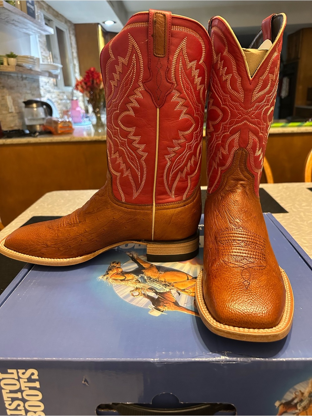 Men's Western Leather Cowboy Boots - Red Shaft Ostrich, Brown Foot